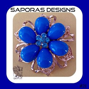 Gold Tone Flower Design Brooch With Blue Beads